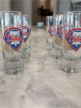 SIX MLB Phillies Clear Shot Glasses with Red & Blue Logo